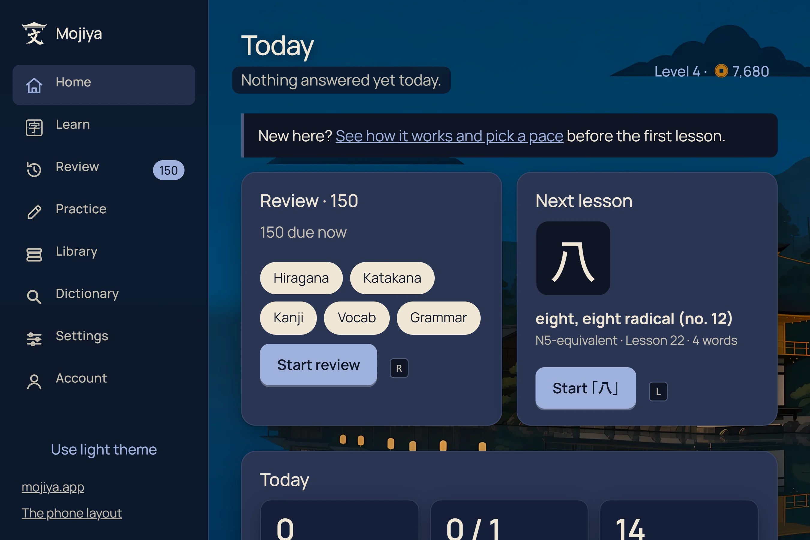 The study app's Home three weeks in: 31 reviews and a lesson done today, 27 due, level 4, over a picture of Kyoto.