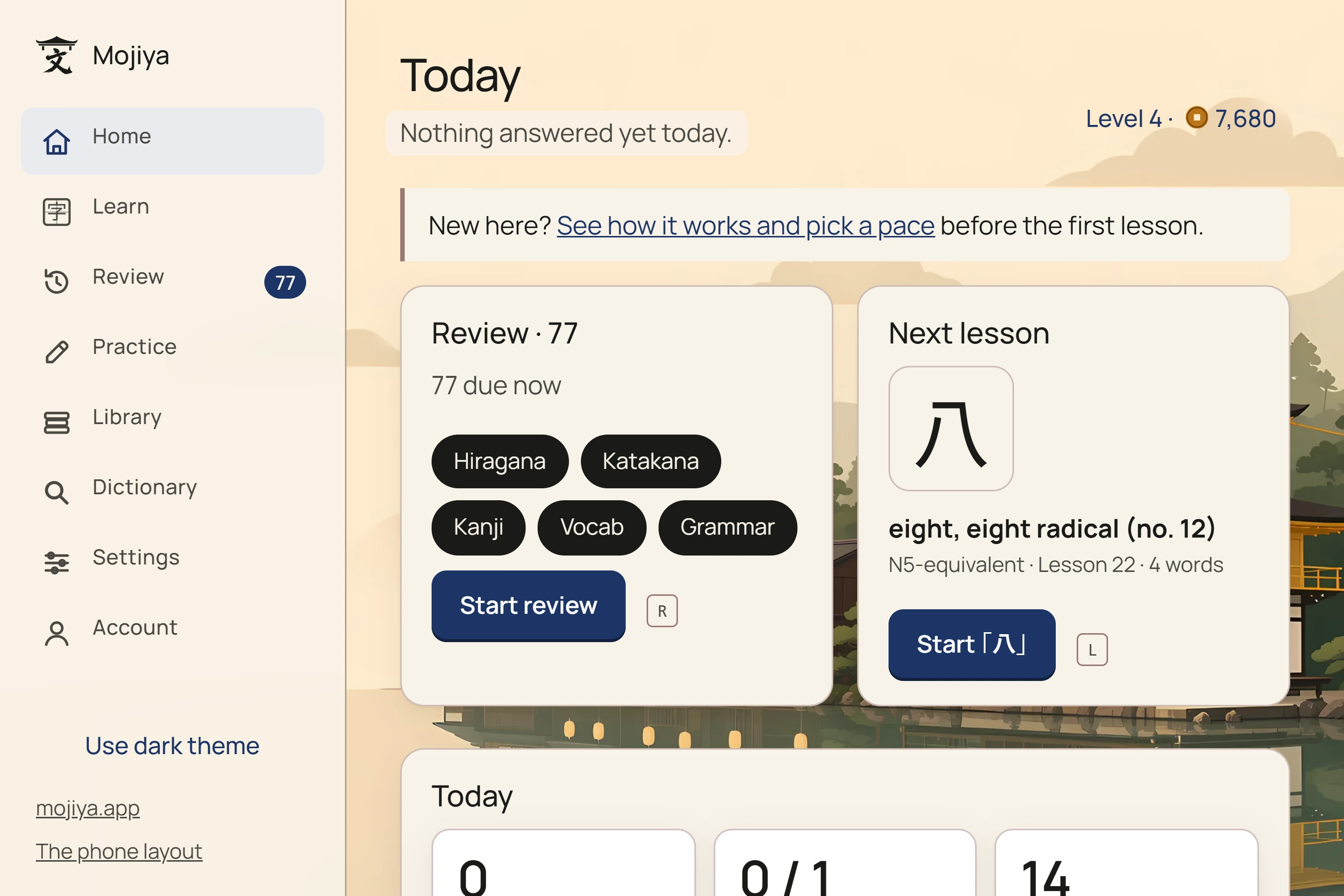 The study app's Home three weeks in: 31 reviews and a lesson done today, 27 due, level 4, over a picture of Kyoto.